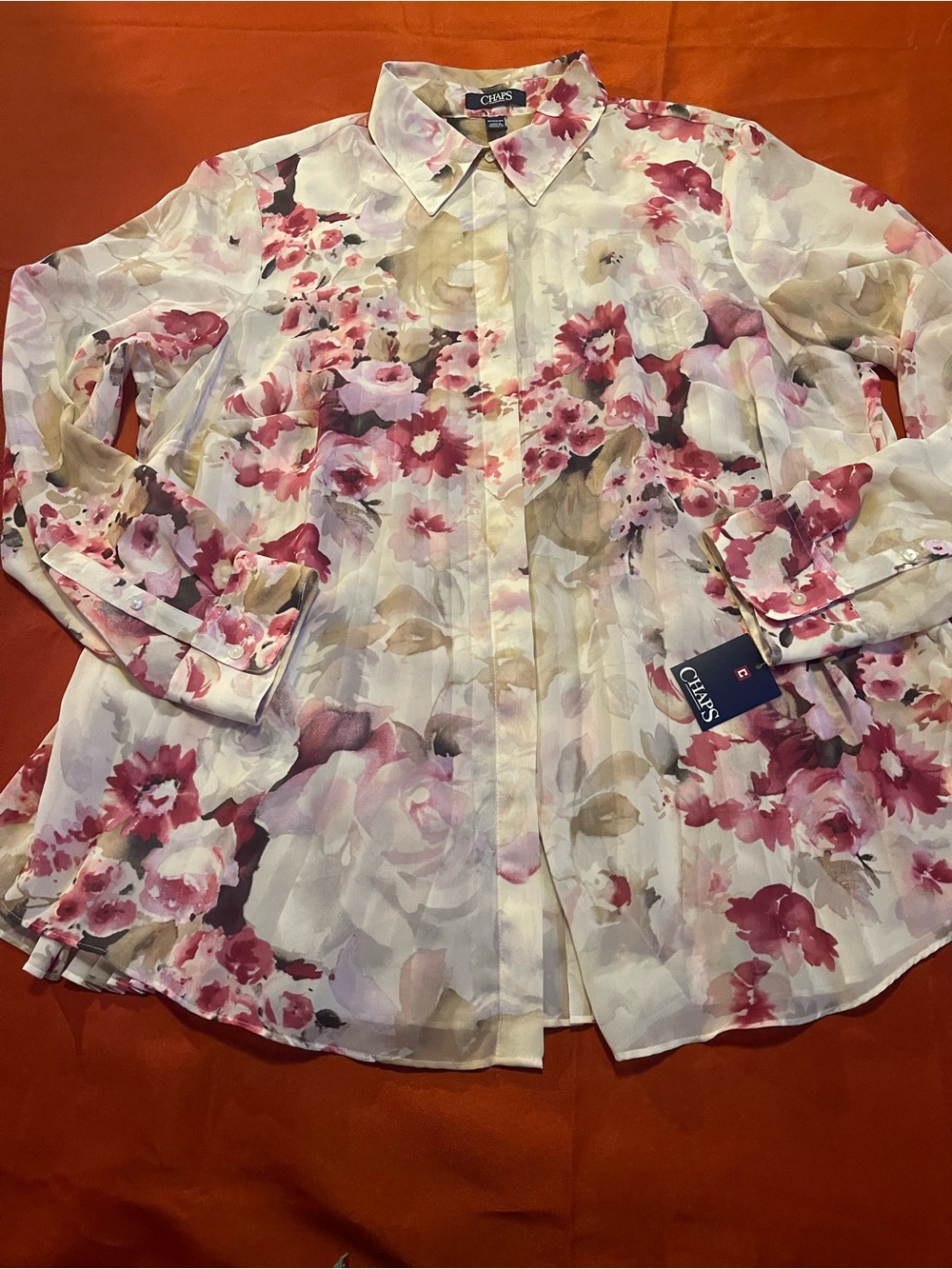 Chaps Floral Button-Down Shirt in Pink and Cream with Taupe Accents